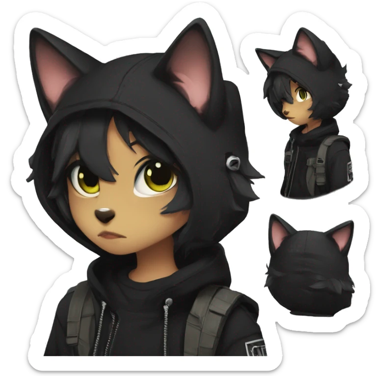Edgy Shy Anthro boyish cool pretty dark black cat-fursona techwear sticker
