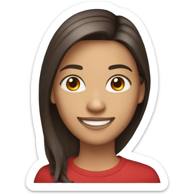 smiling woman with light to medium skin, straight dark brown hair with middle part red shirt  sticker