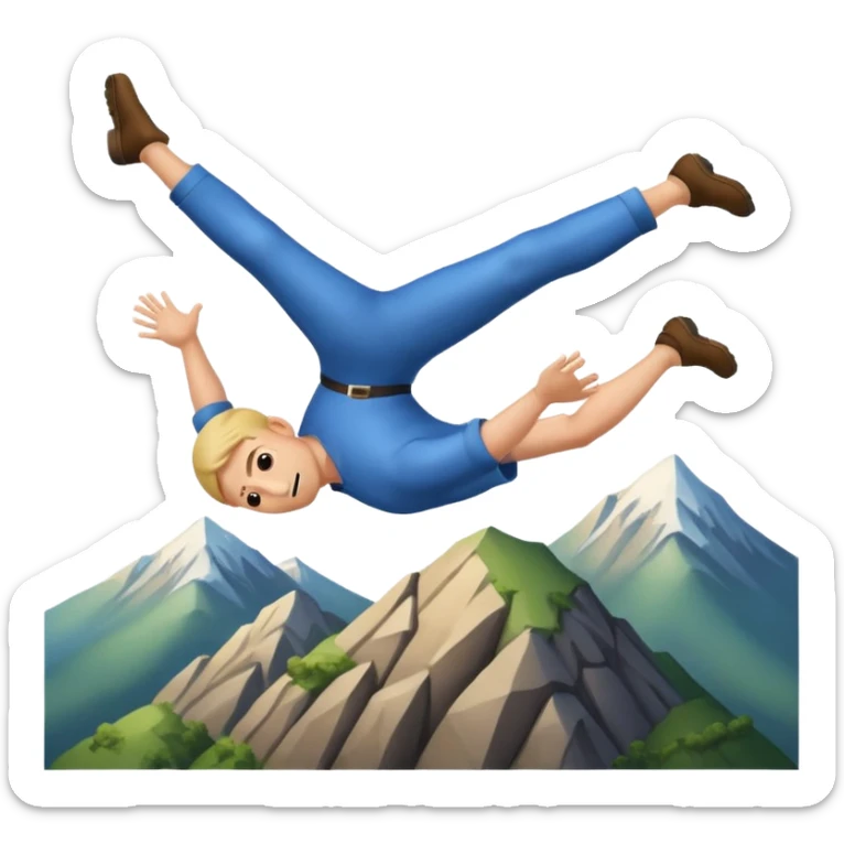 apple style emoji of a man in mid-air, head over heels, falling past a mountain sticker