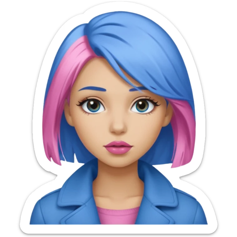 Make a girl with medium dirty blonde hair with an under coat of blue hair, add pink soft lips, lashes and  a tan skin tone sticker
