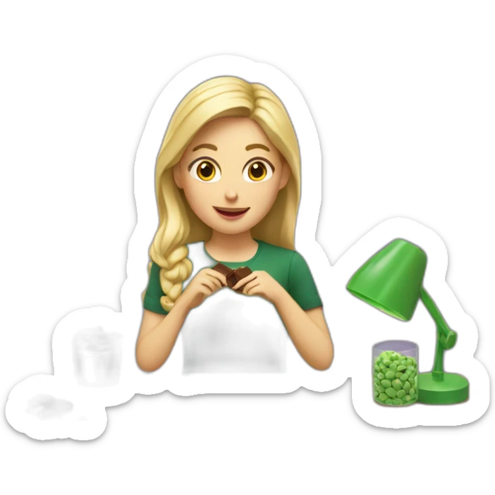 Girl with blonde hair sitting at a desk wrapping chocolate candies with solid green background sticker