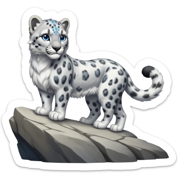 cinematic-snow-leopard-realistic-full-body-standing-emoji,-muscular-yet-graceful-body-balanced-on-rocky-cliffs,-long-fluffy-tail-swirling-behind,-head-tilted-dramatically,-thick-ghostly-white-fur-speckled-with-black-rosettes,-piercing-icy-blue-eyes,-simplified-yet-realistic-focused-features,-highly-detailed,-glowing-with-an-almost-sarcastic-glow sticker
