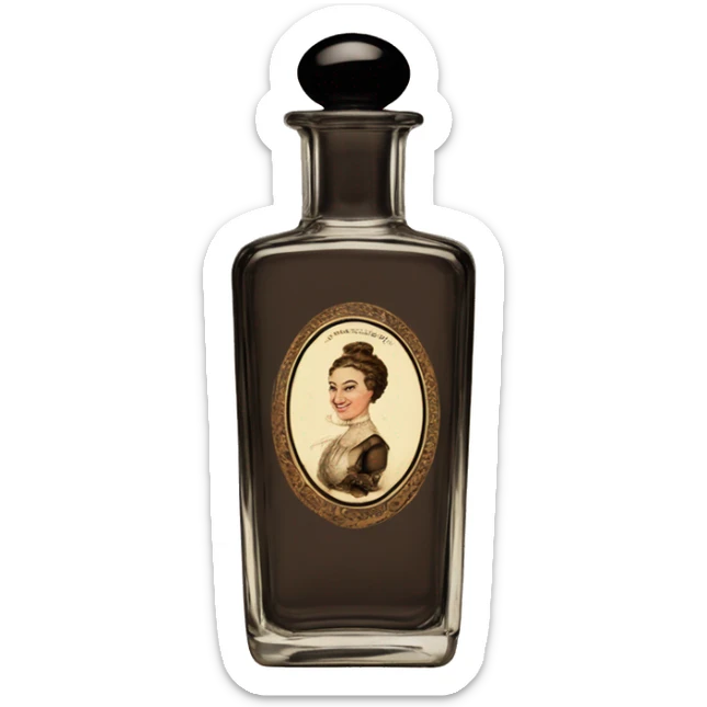 English vintage glass perfume bottle from my aristocratic grandmother, exquisite bottle shape, old and shabby, with label, stylish and minimalistic, black and brown sticker