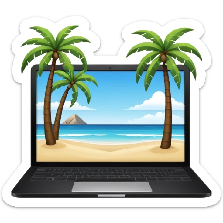  An open laptop on the beach. bildschirm ist schwarz und im hintergrund sind palmen, meer sticker
