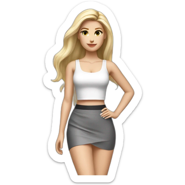 realist caucasian long straight blonde hair sexy woman white crop tank top gray tight mini skirt black high heel shoes full body sticker