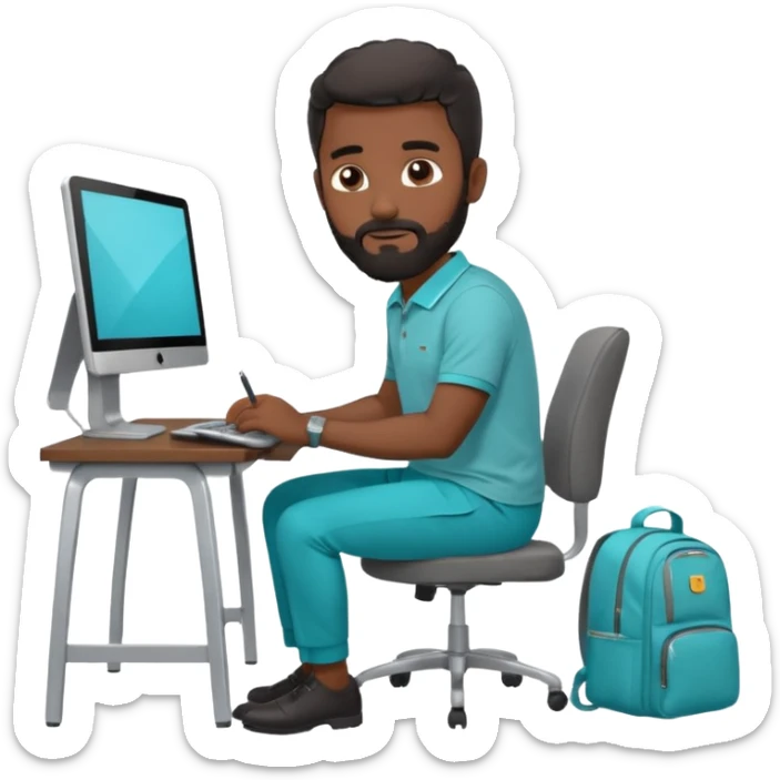 man with black short male hair and black hair and beard and hes in a office with his grey backpack on the floor and he has a tourquose polo shrit with gre dress pants and hes working at a hotel  hes on the co,ptuer  at his desk and he inly has one backpack its on the floo  WITH GREY PANTS sticker