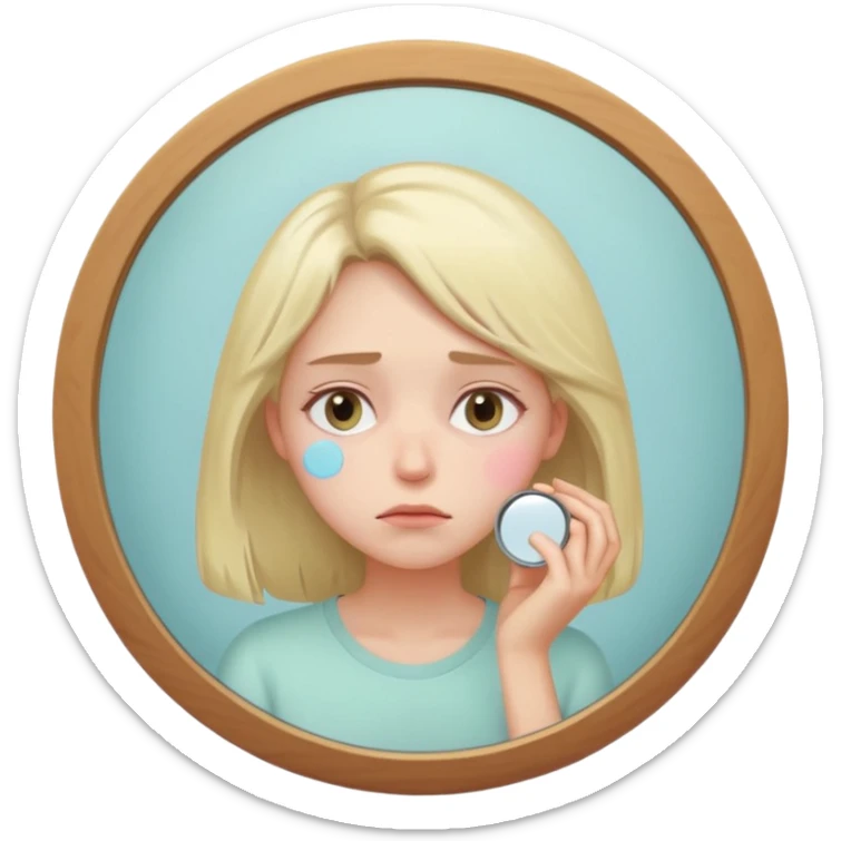 thoughtful tired woman looking in the mirror, gentle pastel tones, soft lighting, emoji style, symbolizes fatigue not ageing без кружка  sticker