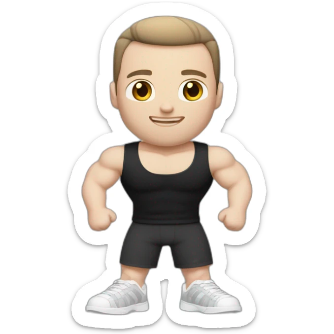 Pale skinned Fit Man With the biceps and dark brown hair in black shirt, gray sports shorts and white Sneakers sticker