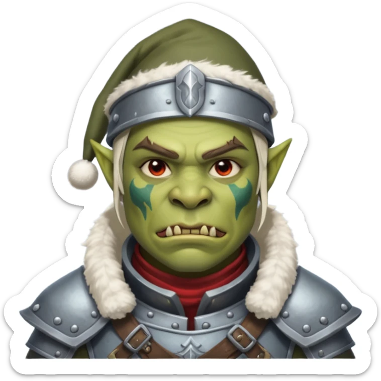 Fantasy Christmas orc legion soldier icon, iron tundra army theme, heavy winter armor, disciplined brutal look, cold steel color palette, emoji portrait, male/female variant
 sticker