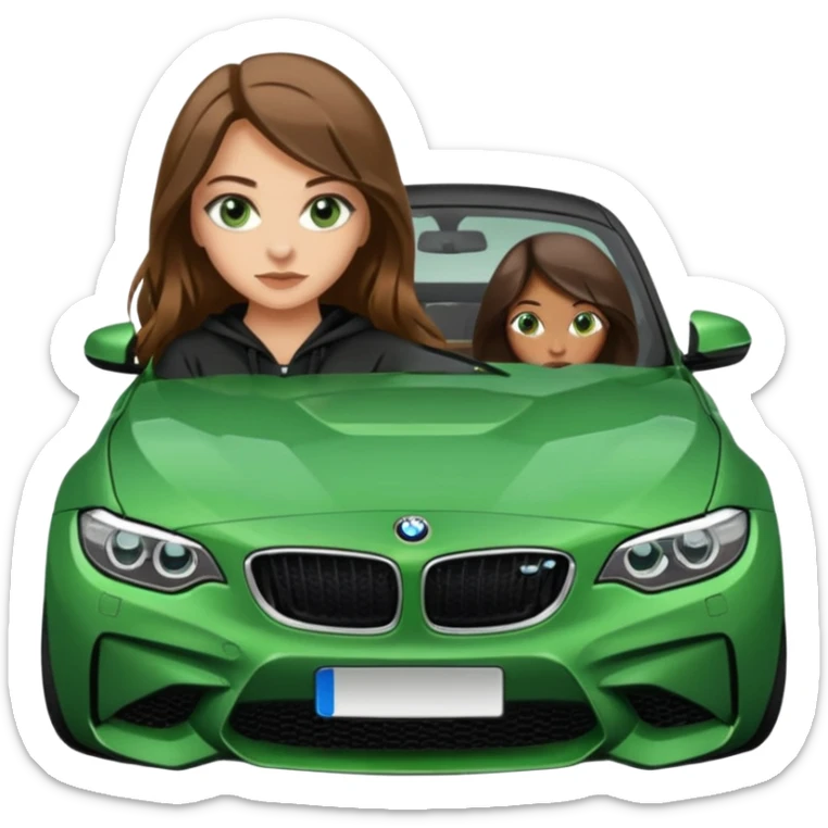 Beautiful Caucasian girl with green eyes and long brown hair realistic girl straddling sitting on the hood of BMW M2 car sticker