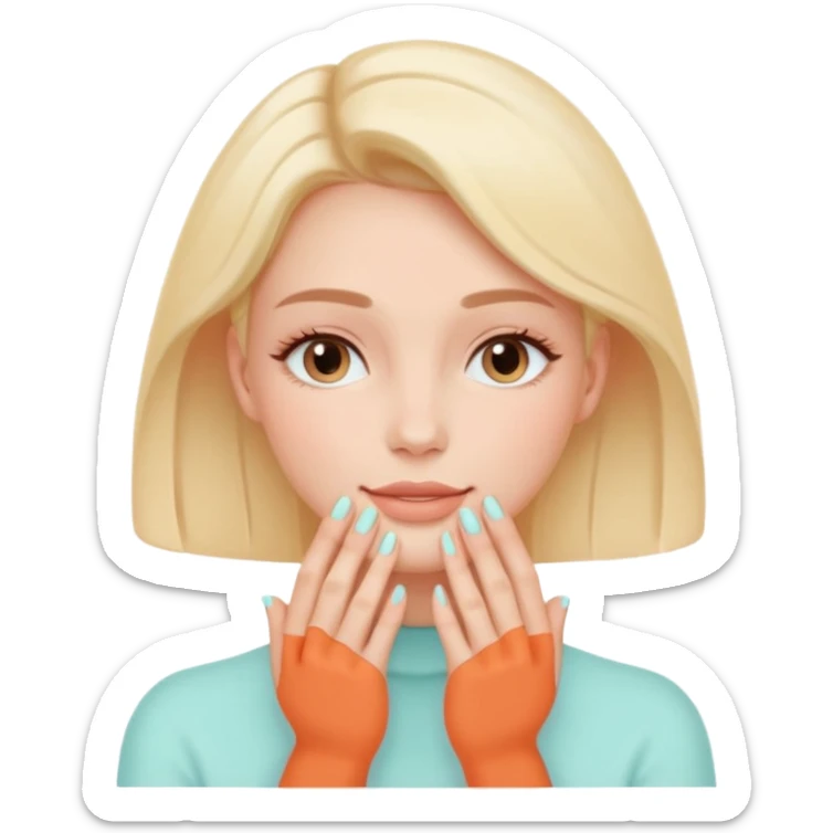 Minimal emoji-style icon of a woman’s face with clear glowing skin, hands gently touching the jawline, skincare concept, soft pastel colors, clean flat design, rounded shapes, no background, modern wellness emoji, iOS-style, high clarity sticker