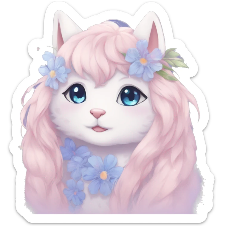 Anthro Cute Cool Blushing Pastel Innocent Shy Kawaii gorgeous sparkly ethereal fantasy anime animal creature with blue eyes furry sona with flowers and ribbons beautiful aesthetic sticker