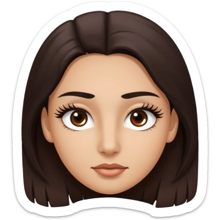 Rostro de forma ovalada con facciones delicadas. Ojos grandes y expresivos de color café oscuro, con pestañas largas y definidas. Cejas oscuras, pobladas y bien formadas color de piel trigeña y cabello largo sticker