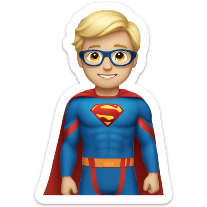 superhero boy with medium short blond hair with glasses wearing a supersuit sticker