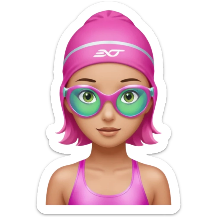 pretty girl with green eyes pink swim cap holographic swimming glasses and cute profesional swimmer pink swimsuit without her hair visible sticker