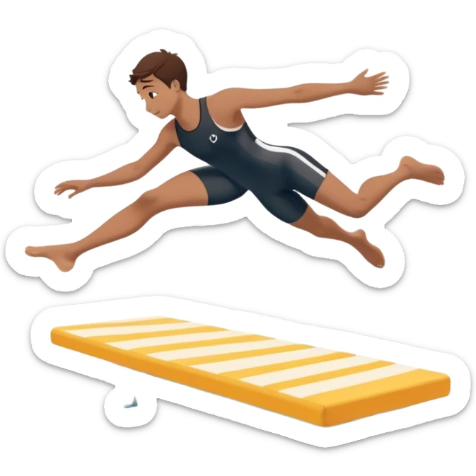 A person mid-air after jumping off a diving board, body slightly tense but moving forward. Below them, a pool labeled "Confidence", with ripples forming. A subtle 5-4-3-2-1 on the diving board shows they took the leap despite fear. sticker
