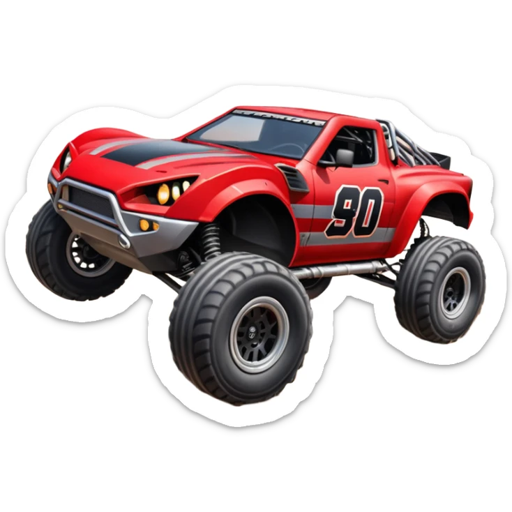 Satan’s (post race) cabaret wide-body Dirty and dented Local Motors Rally Fighter off road race car hot rod trophy truck-style flying turning a tight corner (silver wheels) sticker