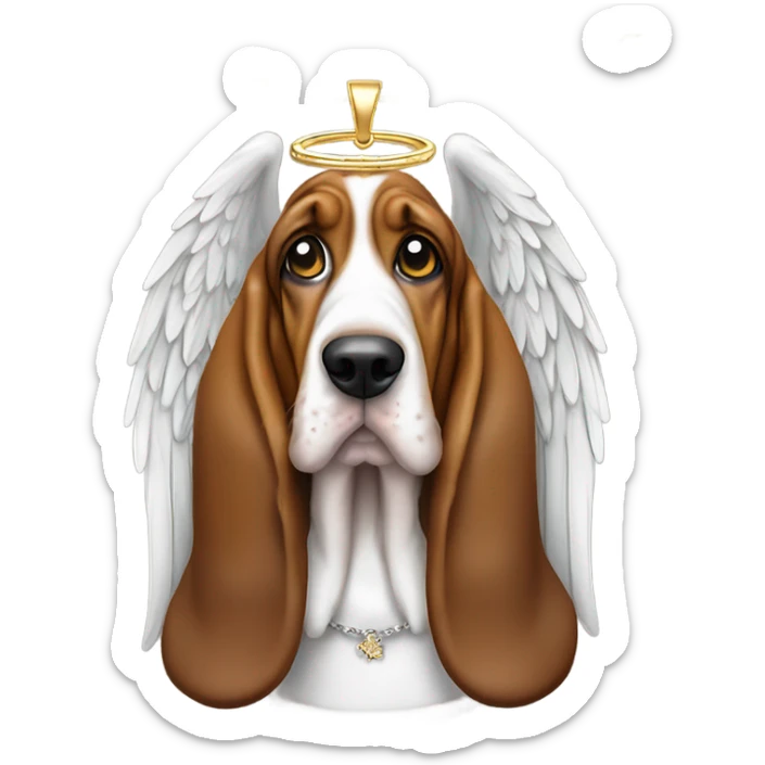 Elderly Basset hound with angel wings, wearing a large letter D bling necklace sat in a meadow  sticker