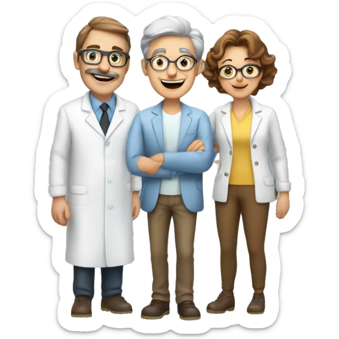3 chemists an older fun lady, a younger smiley brown haired woman and a younger guy sticker