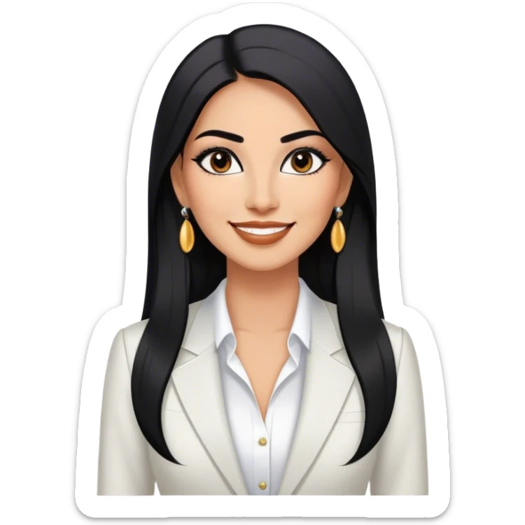 beautiful fit tall woman boss, with long straight black hair, with make up, black eye liner, smile, mexican, brown skin, wearing beautiful profesional outfit and white earings sticker