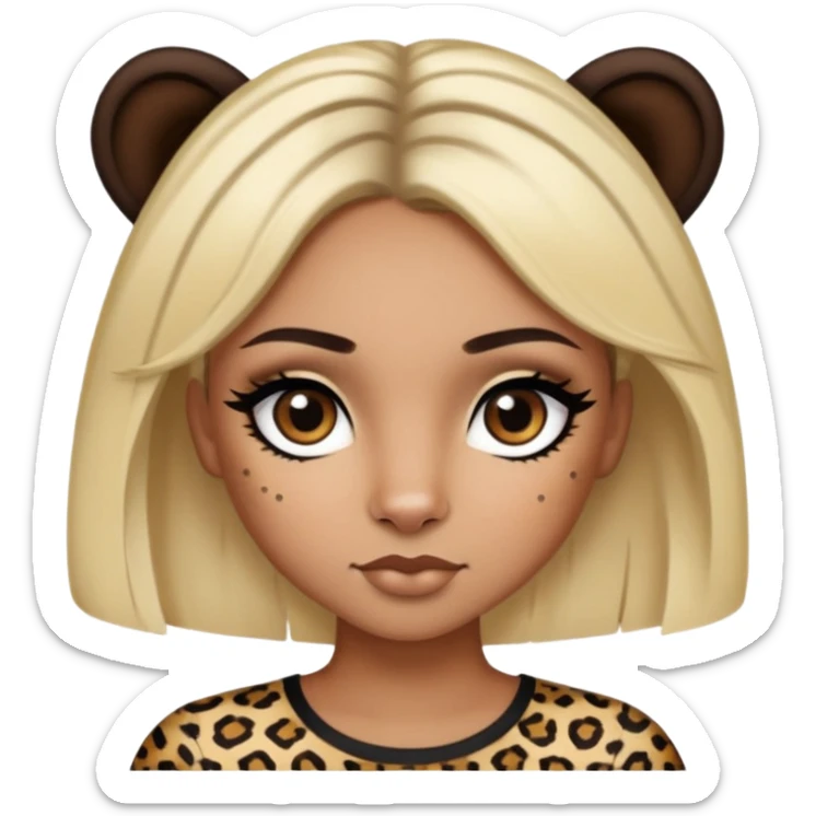Brown girl person with dark hair and dark eyes, with eyeliner and lashes, and one blonde stripe in the front of the hair, wearing a leopard top  sticker