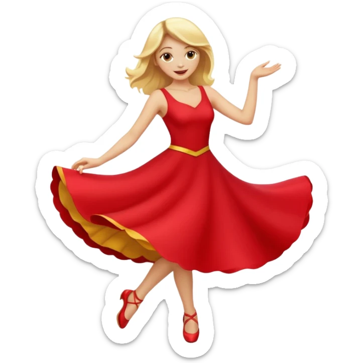 a yellow-blonde woman dancing wearing a red dress, in flat emoji / Apple style, smooth shapes, glossy highlights, bright saturated colors, simple features, minimal details, no outlines, red clothes flowing, joyful pose
 sticker