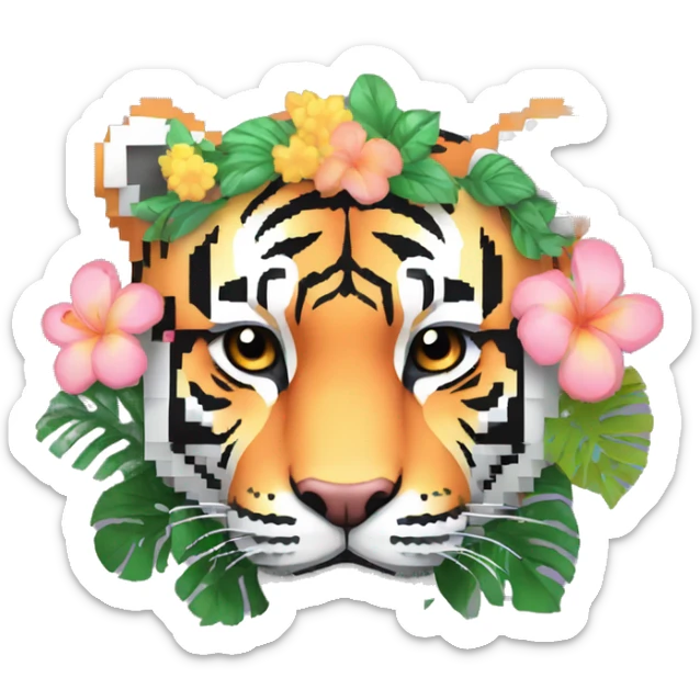 Pixel art of a pixel pastel tiger wearing tropical flowers and leaves, flower crown, floral, pixel sticker