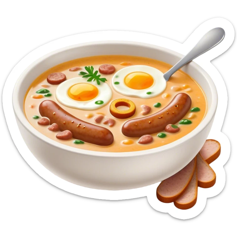 Cinematic Realistic ≈ªurek Soup Dish Emoji, depicted as a tangy, creamy rye soup with sausage and egg rendered with detailed textures and warm, comforting lighting. sticker