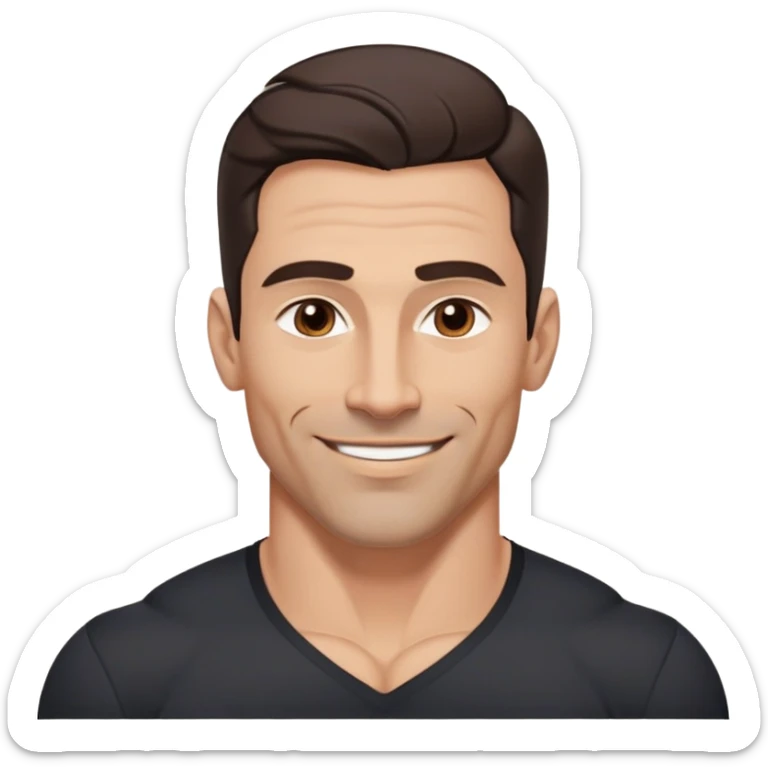 Very fit muscular 40-year-old with youthful looks, light brown skin, elongated face, strong defined jawline, charming confident smile, medium dark eyes, arched eyebrows, straight nose, buff physique, medium wavy dark hair, wearing a slightly tight black button-up shirt sticker