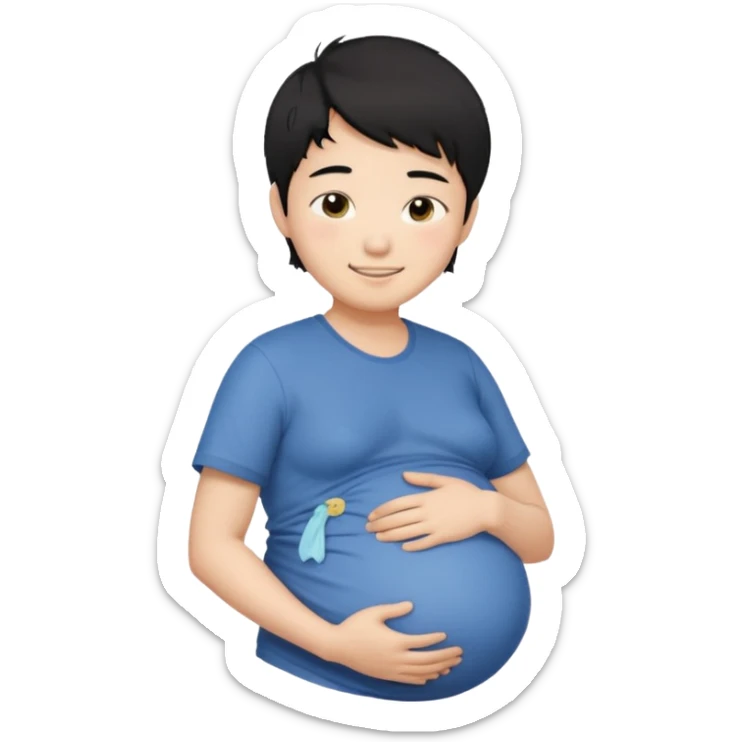 pregnant asian boy with short messy black hair holding his belly embracing his pregnancy sticker