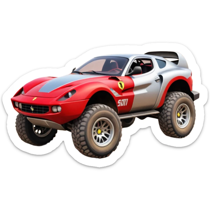 Satan’s and Barbie (post race) Ferrari -colored Dirty and dented Local Motors Rally Fighter off road race car hot rod trophy truck-style basher flying on a dusty road (silver wheels) sticker