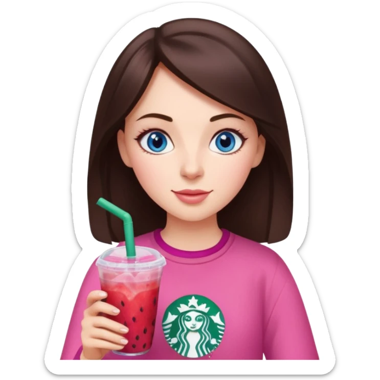 make an emoji of a brunette blue eye girl wearing pink drinking a strawberry acai refresher from starbucks sticker