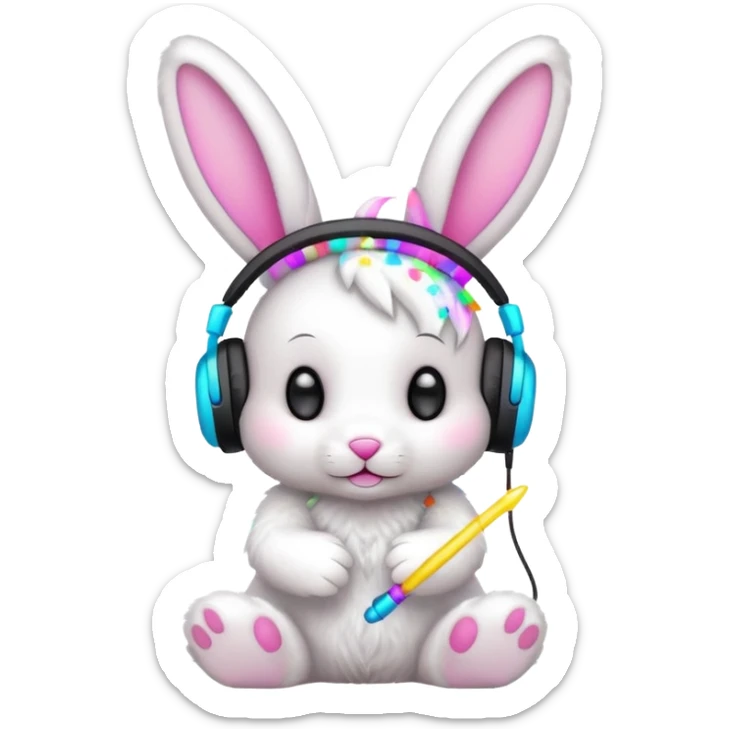 cute rave bunny wearing headphones, holding a glow wand, surrounded by confetti, festive mood sticker