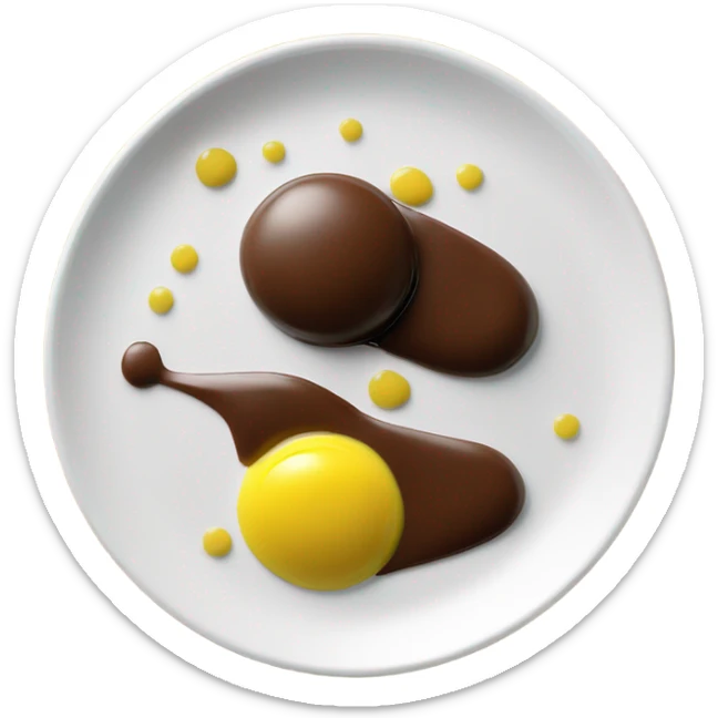 1 Chocolate quenelle and 1 vanilla quenelle on a fine dining glass plate with 3 small drops of yellow sauce as decoration sticker