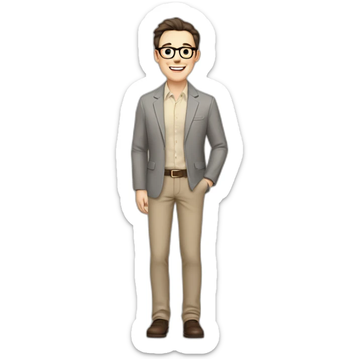 Joyful Full height Pale skinned Fit Man With dark brown hair in gray jacket, beige office shirt, Brown pants and vintage glasses. His thrumbs up sticker