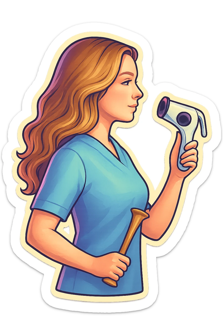 A girl with facial features and light wavy hair as in the reference, wearing a blue medical suit, holding an obstetric stethoscope in one hand, the other hand down, side view, in retro stickers style with thin clean contours, soft rounded shapes, pastel palette, retro sticker aesthetic, detailed shadows and highlights, soft lighting, transparent background. sticker