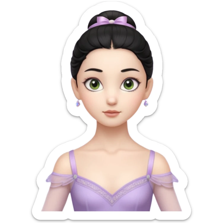 Cinematic Realistic ballerina Light Purple Portrait, depicted with lifelike skin texture, subtle rosy undertones, and soft natural lighting that enhances the gentle contours of her face. Her intricately detailed sweet black hair is elegantly styled, green eyes sticker