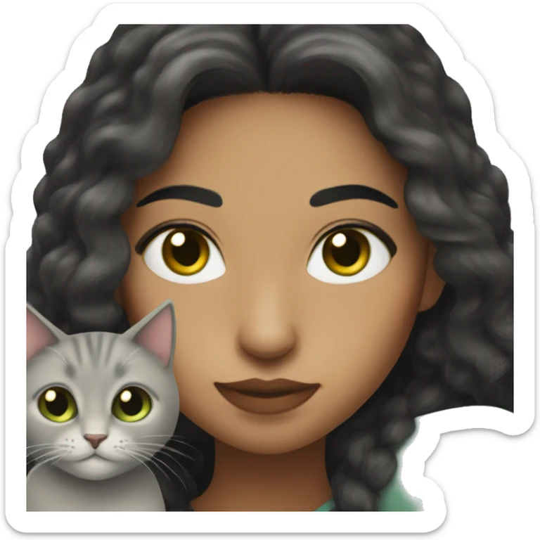 A Hispanic woman  with light freckles with  long black hair holding a Dark graycat with light green eyes sticker