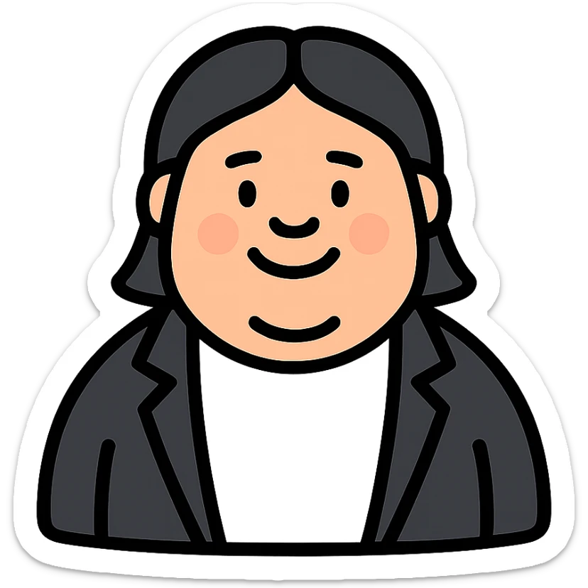 Fat white man, black hair parted in the middle to the shoulders smiling, white shirt and black jacket sticker