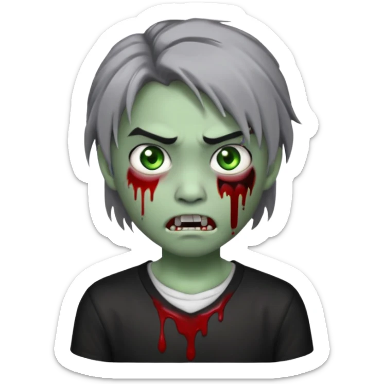 3D emoji-style avatar with grey zombie skin, dark brown hair, a young Asian face, and large green eyes with blood tears. Give it white litle bit messy middle hair style , silver hoop earrings, and a plain white T-shirt. The face expression should be slightly angry, with vampire fang sticker