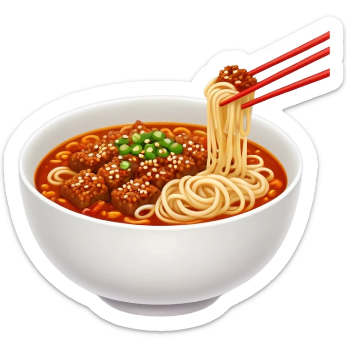 Chengdu Dan Dan Noodles with spicy sauce and minced meat, simplified emoji style with bold outlines and bright colors, cartoon style Sichuan street food in bowl sticker