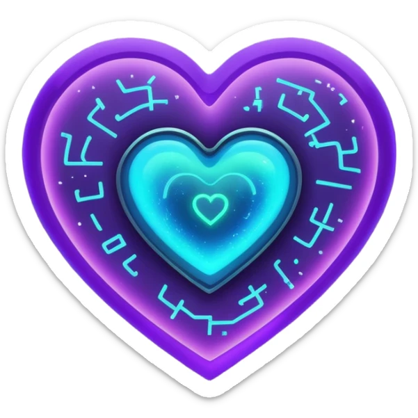 A glowing blue-to-purple neon heart with a small galaxy and green digital hacker code inside. Futuristic, gamer, magical, and powerful. 💚🌌🔥 sticker