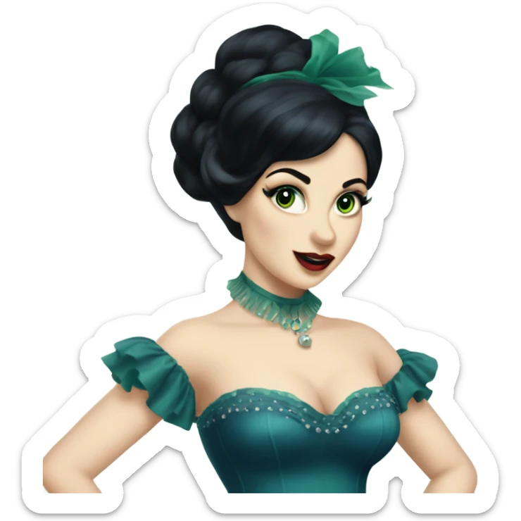 Burlesque dancer with black hair, pale skin, and green eyes in a dark blue vintage costume dancing sticker