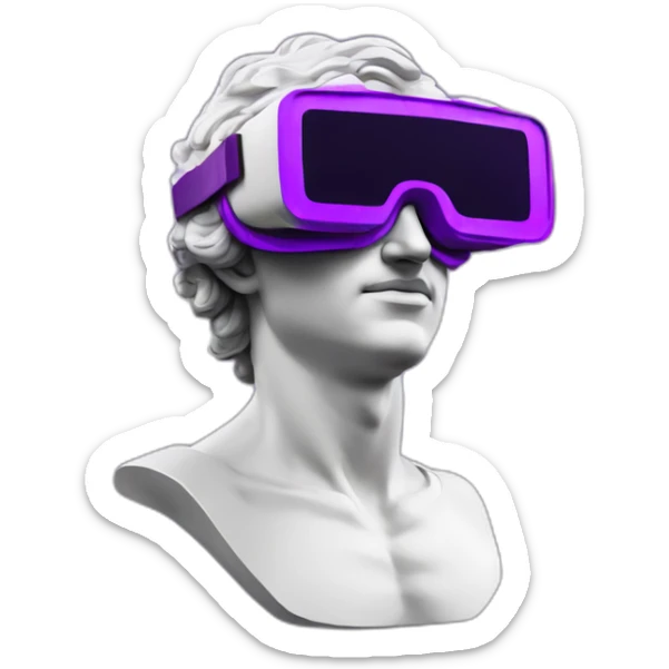 an EMOJI OF A ancient young greek statue, wearing VR headset, purple colors, DIGITAL UNIVERSE sticker