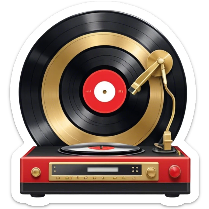 Icon for Vinyl Record Collecting: large black, golden and red vinyl records in decorative packaging featuring artist images, neatly arranged on a wall or shelf, modern vinyl record player. The icon should reflect the aesthetic and artistic aspect of collecting vinyl records. Transparent background. sticker