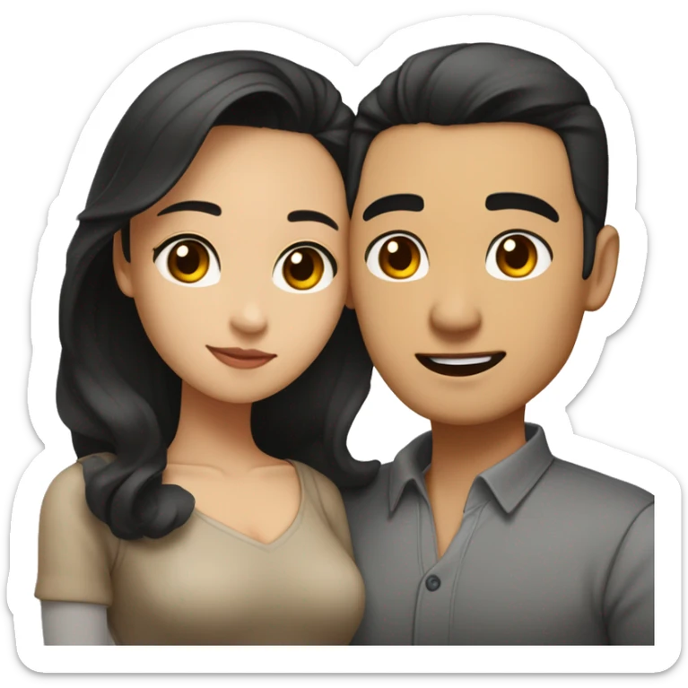A half pale Asian man with short slicked back dark hair and amber eyes embracing and loving a half Asian woman with long wavy dark hair and dark hazel eyes. They love each other a lot And have good fashion taste. sticker