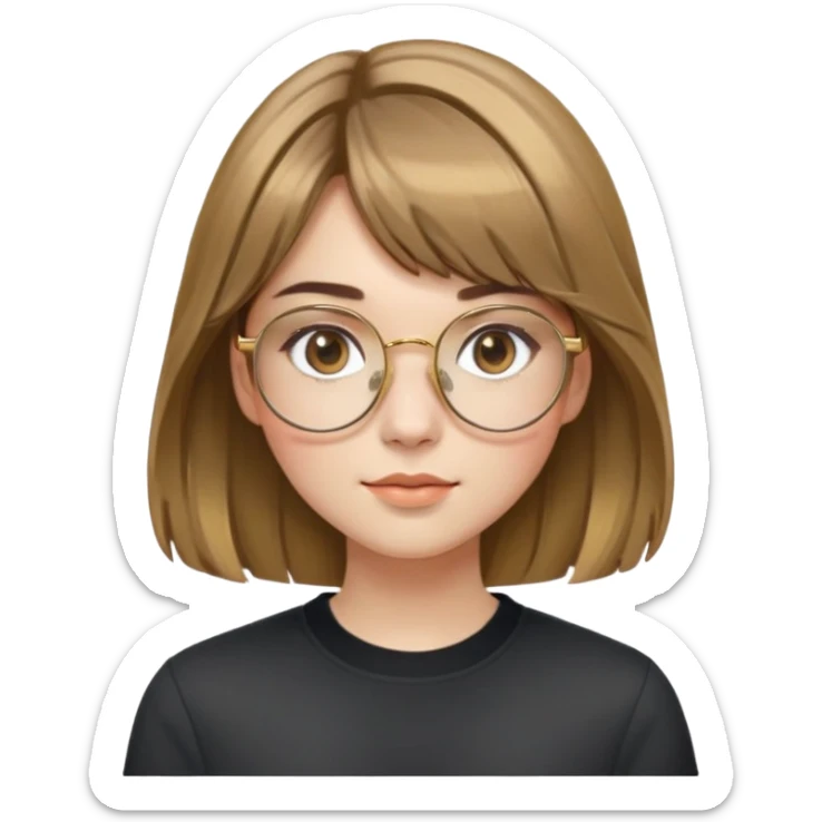 young adult woman with fair skin, round face with soft cheeks, light brown hair with golden highlights, voluminous and straight with slight waves, long bangs over eyebrows, large octagonal gold metal frame glasses, dark casual shirt, friendly and creative expression sticker