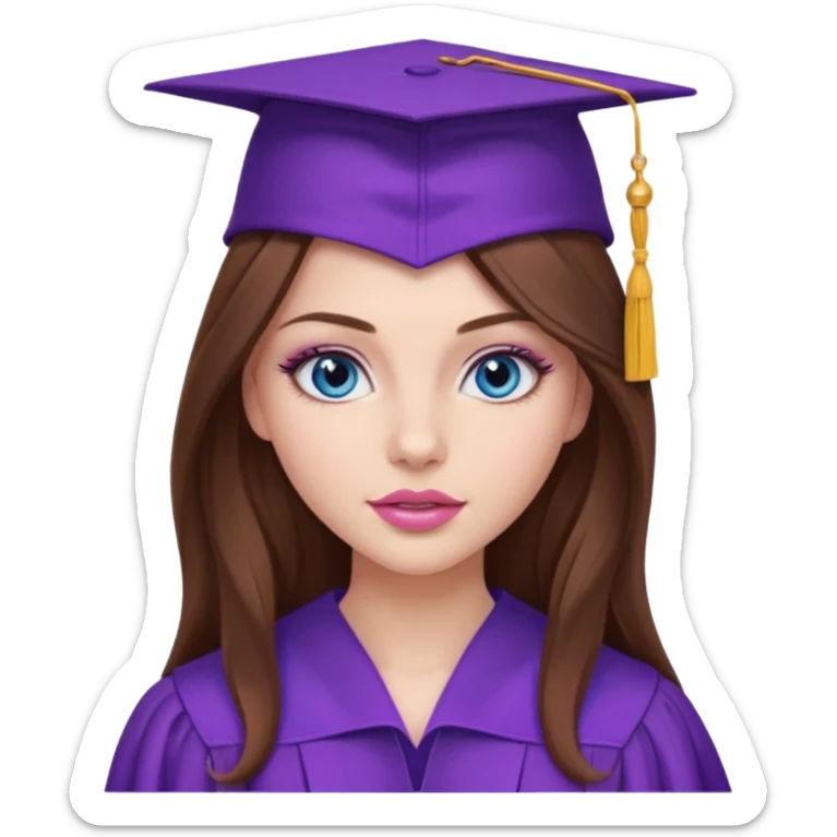 stunning girl with gorgeous long brown hair, blue eyes, long lashes makeup, sexy pink lips, wearing a purple graduation cap and gown sticker