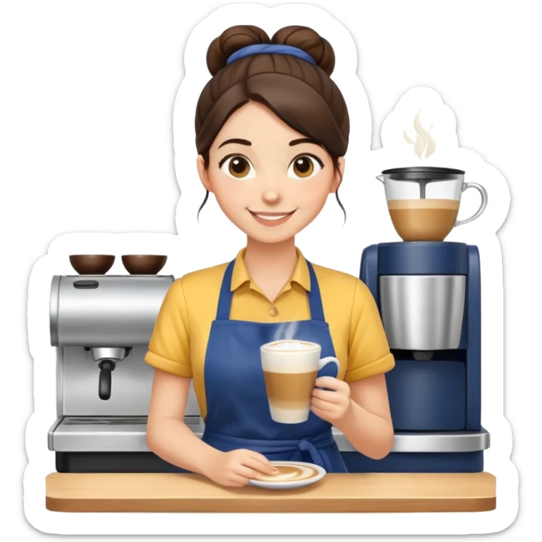 Cute brunette barista girl with hair in a bun wearing yellow shirt and dark blue apron, she's relaxed and making latte art, smiling at the coffee cup sticker