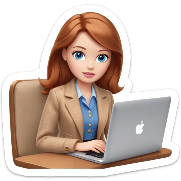 A Barbie girl with blue eyes, shoulder-length reddish-brown hair, made-up, wearing a beige tweed jacket and a beige skirt, is sitting with a MacBook sticker